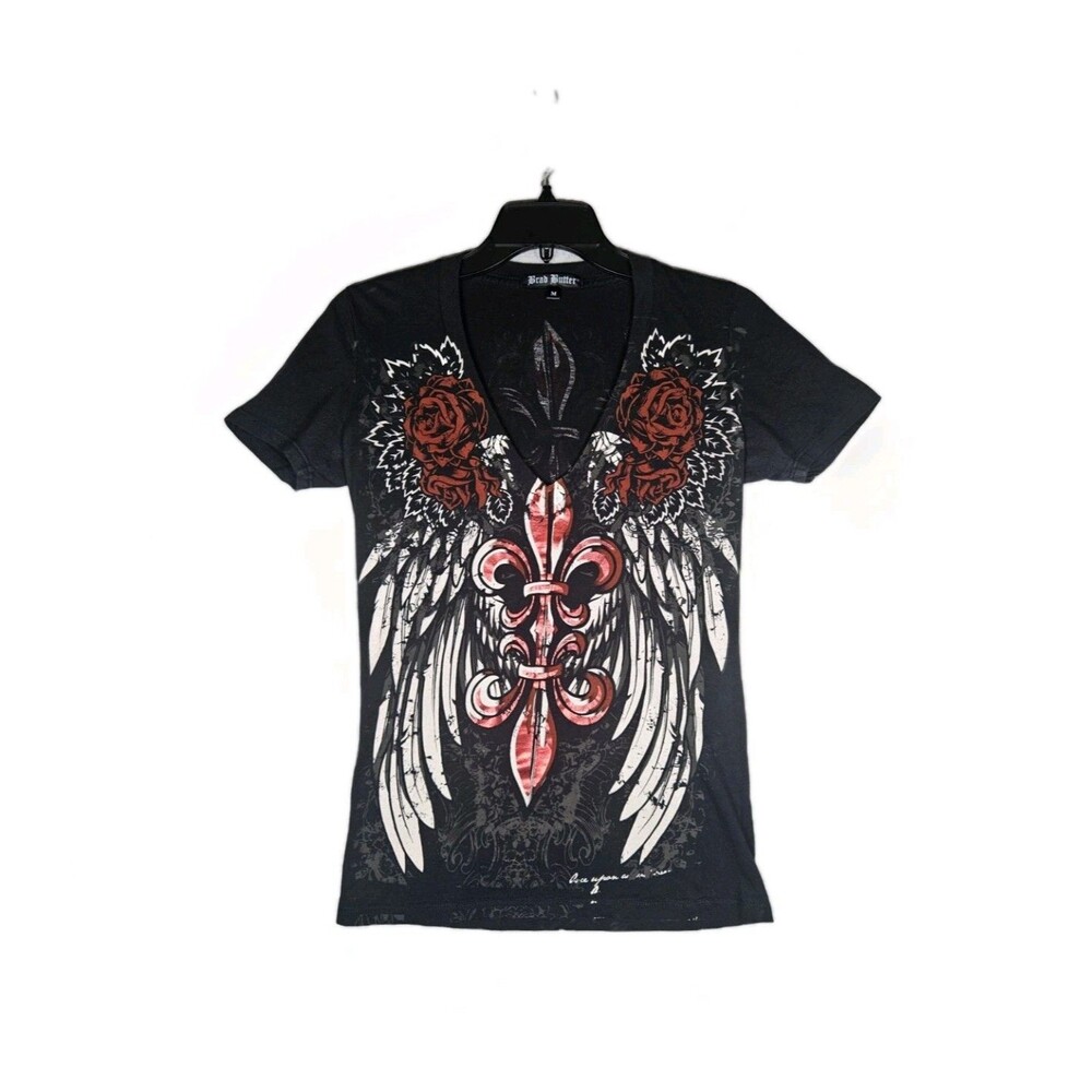 Vintage Brad Butter Womens Medium V-Neck Graphic T-Shirt Wings Rose Fleur De Lis